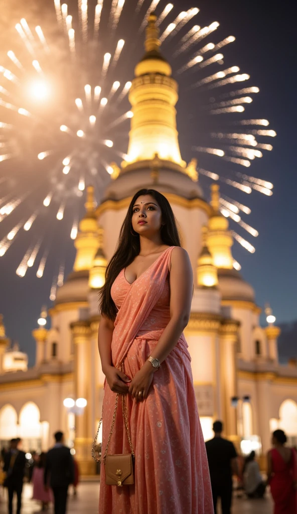 Woman standing outside the city, cityview in background, the sky with a 3D caption "Happy Deepawali", highly detailed, cinematic lighting, golden glowing decorations, intricate architecture, warm color tones, vibrant fireworks, awestruck expressions, large crowds, long exposure photography