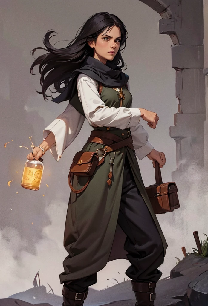  For an adventurer that combines simplicity with humor and already has established characteristics such as straight black hair ,  on her clothes could reflect both its practicality and its light spirit .  Imagine a set of functional clothing ,  but with a touch of charm .  She is at a bar holding a bottle of mead .  Her clothes are composed of light fabrics with a relaxed look .

 She could wear a lightweight fabric tunic ,  of colors such as dark gray or moss green ,  with silver embroidered details that refer to arcane symbols .  The tunic would fit the body ,  but without restricting her movements ,  and could have short sleeves or three quarters ,  ideal for casting spells with freedom .

over,  she would wear a soft leather vest ,  resistant for adventures ,  with discreet internal pockets to carry small magic objects or ingredients .  The pants would be simple and practical , dark tone,  maybe black or brown ,  perfect for long walks . leather boots,  comfortable and resistant ,  would complete the look ,  with a medium barrel and details in buckles or simple ties .

 She could wear a short cape , light and hooded , What would protect from the weather other than u 
