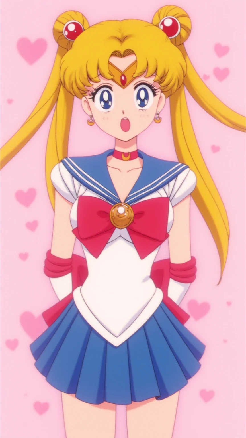 1 very young japanese girl, sailor moon, blonde hair, blushing, Shy, Red lips, mouth open, winking, cute overload, pale face, close up shot, Sweet, small breasts, ((best quality)), ((masterpiece)), (detailed), big expressive blue eyes, Slender、solid pink background, cute pose,  sailor suit, cleavage, slender legs, thigh highs, skinny, arms behind back, vinyl figure, 