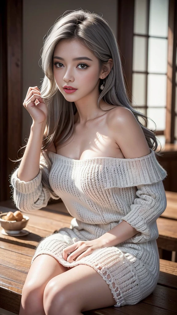 ((masterpiece:1.4)、(highest quality:1.4)、(realistic:1.7))、19 years old、(upper arm:1.4、two legs:1.4)、(perfect anatomy:1.4)、(perfect female body:1.4)、girl portrait photography、close up photo、full body shot、((table top:1.4), (highest qualityの:1.4), (realistic:1.7), Written by Luis Royo, beautiful girl, One super beautiful girl:1. 4), Radiant natural skin texture,  (perfect female body: 1.4), (perfect female body: 1.) 4), girl portrait photography, close up photo, （full body photo）, fantasy art, soft front light, beautiful expression, cute face, beautiful breasts, beautiful butt, fine eyes, Clear and eye-catching, beautiful and attractive, beautiful eyes, thin waist, Raw photo, red lips, ((gray hair, long hair)) , 1 screen display, ),((Off-the-shoulder white hand-knitted mini dress))、 (sexy posture), (milky way in the sky),(black panties)、(black stockings）、(laughter)、