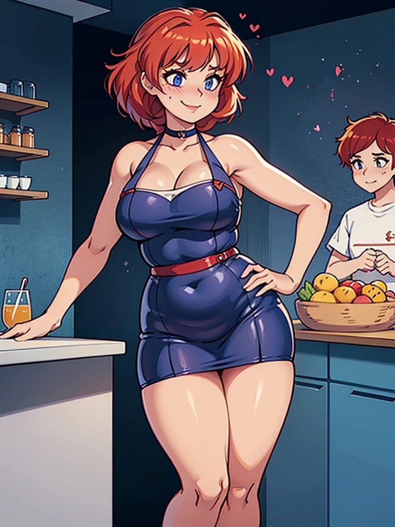 ((Masterpiece)), perfect anatomy, perfect shading, field of depth, (best quality), extremely delicate and beautiful Jessie from rocketteam,360P, retro anime style, , perfect lighting, detailed face, vixen face, teasing smile, red hair, purple ribbon, blue eyes, (blushing), seductive smile, wearing nothing but a blue apron with thin shoulder straps, (thick thighs), (wide hips), standing, fancy kitchen background, detailed background