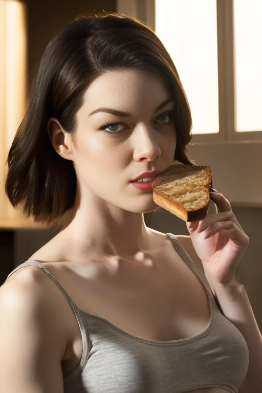 Stoya(stoya-v2), holding a piece of loaf bread, midriff, (Maximum quality RAW Photo, 2:3 12K, best quality, best masterpiece, hires, best realism, best photorealism, 2:3 full portrait, vivid colors and backlight)