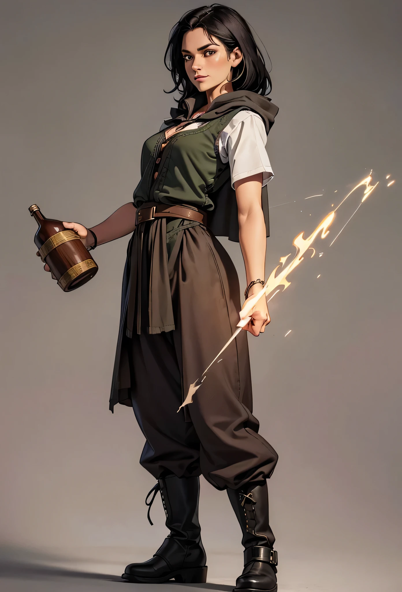  For an adventurer that combines simplicity with humor and already has established characteristics such as straight black hair ,  on her clothes could reflect both its practicality and its light spirit .  Imagine a set of functional clothing ,  but with a touch of charm .  She is at a bar holding a bottle of mead .  Her clothes are composed of light fabrics with a relaxed look .

 She could wear a lightweight fabric tunic ,  of colors such as dark gray or moss green ,  with silver embroidered details that refer to arcane symbols .  The tunic would fit the body ,  but without restricting her movements ,  and could have short sleeves or three quarters ,  ideal for casting spells with freedom .

over,  she would wear a soft leather vest ,  resistant for adventures ,  with discreet internal pockets to carry small magic objects or ingredients .  The pants would be simple and practical , dark tone,  maybe black or brown ,  perfect for long walks . leather boots,  comfortable and resistant ,  would complete the look ,  with a medium barrel and details in buckles or simple ties .

 She could wear a short cape , light and hooded , What would protect from the weather other than u 
