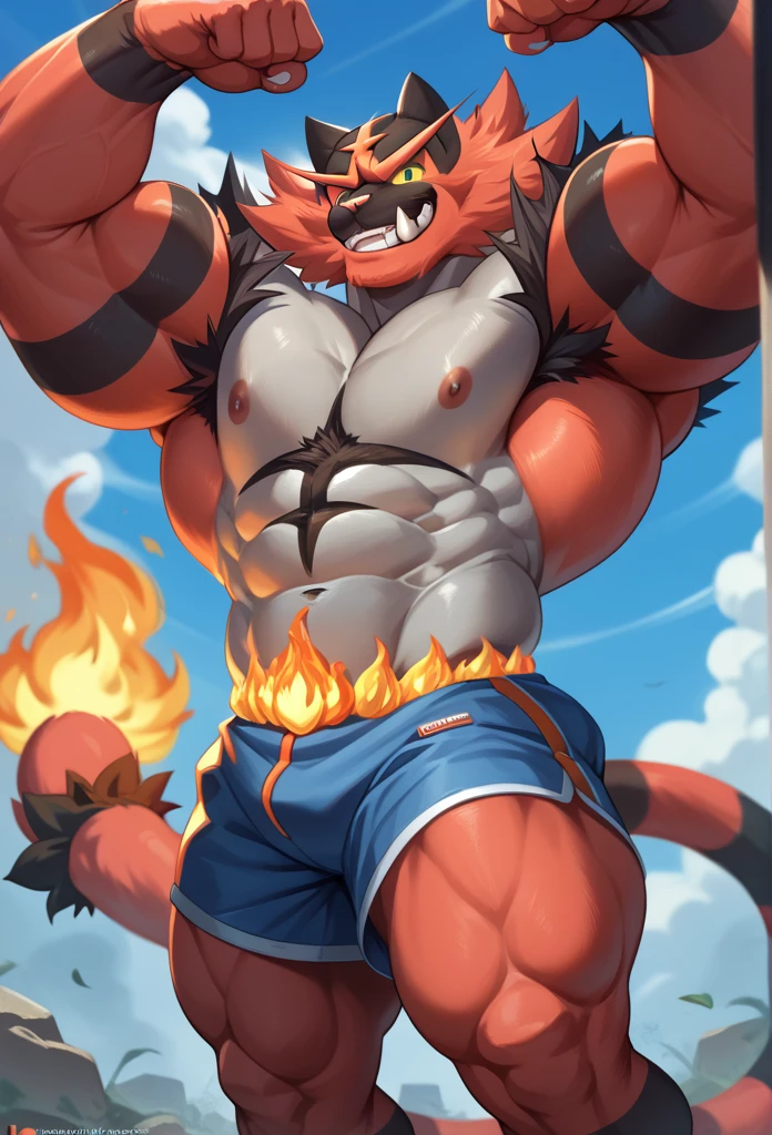 Push your audience down,(masterpiece,Highest quality,Very detailed,Perfect Anatomy),kemono,Sharp focus, From null-ghost,alone,Humanity,Muscular,pokemon,Incineroar,Beautiful eyes,naked,low angle,View your viewers,Beautiful room,erect penis,Get angry,Place hands on hips