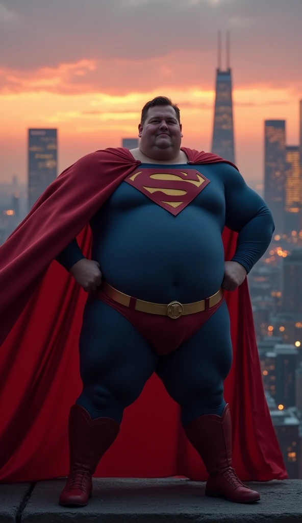 Very fat Superman, fat dynamic pose, posing near fast food, night, depth of field, bokeh