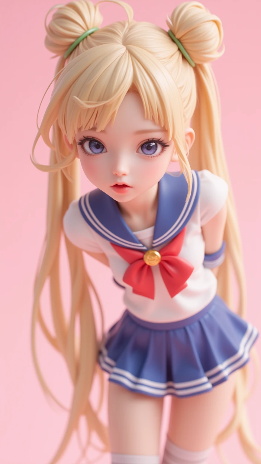 1 very young japanese girl, sailor moon, blonde hair, blushing, Shy, Red lips, mouth open, winking, cute overload, pale face, close up shot, Sweet, small breasts, ((best quality)), ((masterpiece)), (detailed), big expressive blue eyes, Slender、solid pink background, cute pose,  sailor suit, cleavage, slender legs, thigh highs, skinny, arms behind back, vinyl figure, 