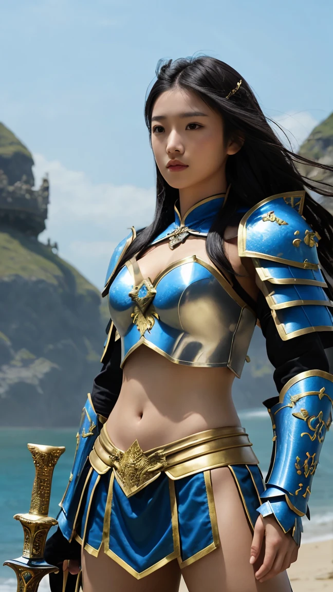 One girl, solo, High resolution, Long Hair, Highest quality, Anatomically correct, Large Breasts, 8k octane, 3D Rendering, Cinematography, Beautiful blue armor with white and yellow lines.、Big Sword、Cliff、cumulonimbus、Big Dragon