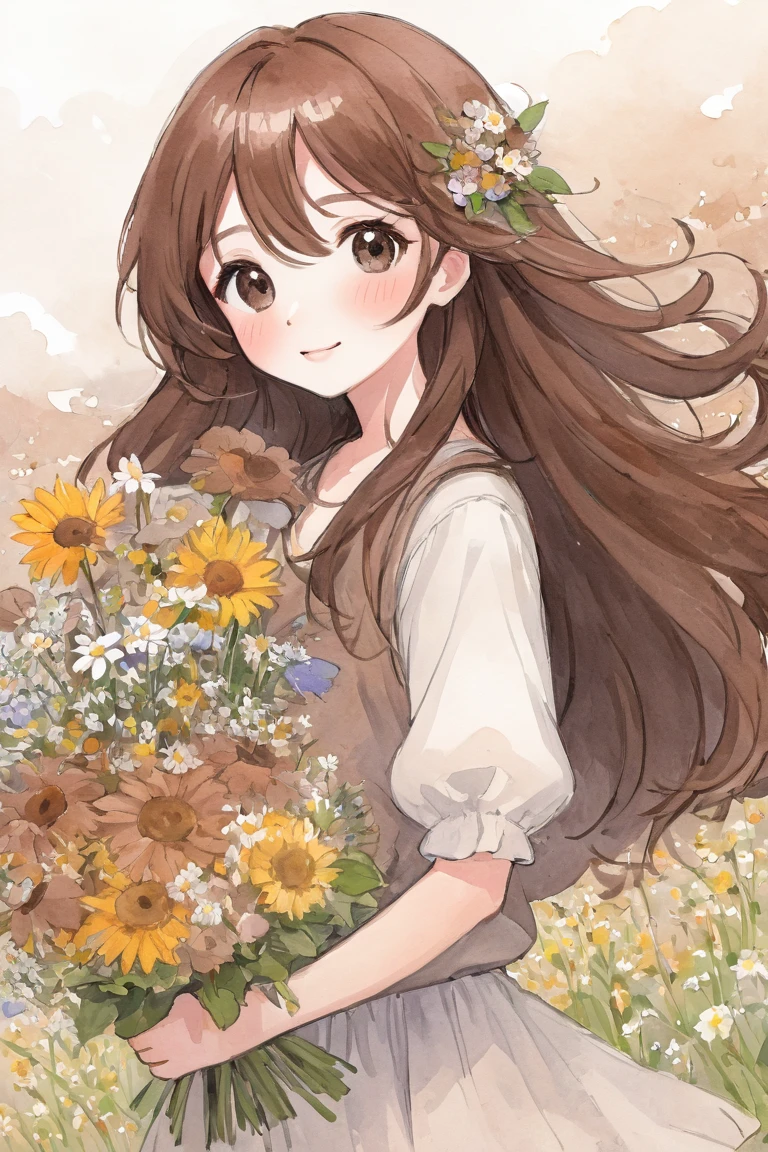 (masterpiece, best quality, hyper detailed:1.2), Thin line drawing, cute, watercolor, thick fog,
1girl, 22yo, short, slender body, fair skin, big and droopy eyes, brown and long hair, hair blowing in the wind,
holding a bouquet, pretty eye patch, peace sign, field of flowers,
happy, laughing, standing, closed eyes, half body photo, front view,