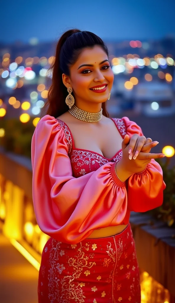 Woman standing outside the city, cityview in background, the sky with a 3D caption "Happy Deepawali", highly detailed, cinematic lighting, golden glowing decorations, intricate architecture, warm color tones, vibrant fireworks, awestruck expressions, large crowds, long exposure photography