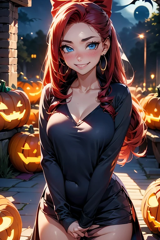 in 8K、Best Quality、Full moon night sky、Neat and clean woman、Brown hair、blue eyess、Orange and black maid clothes、Orange and black mini skirt、Orange knee socks、blushed face、Long wavy hair、beauty legs、Seductive thighs、Colossal tits:1.8、big butts:5.5、big breasts thin waist、cleavage of the breast、Beautiful constriction、cleavage of the breast、shinny skin、Focus on the chest、Naughty breasts、Naughty hips、sexypose、Facing up、Kamimei、Shy smile、low angles、Looking up、Has a jack-o'-lantern、Bats flutter、