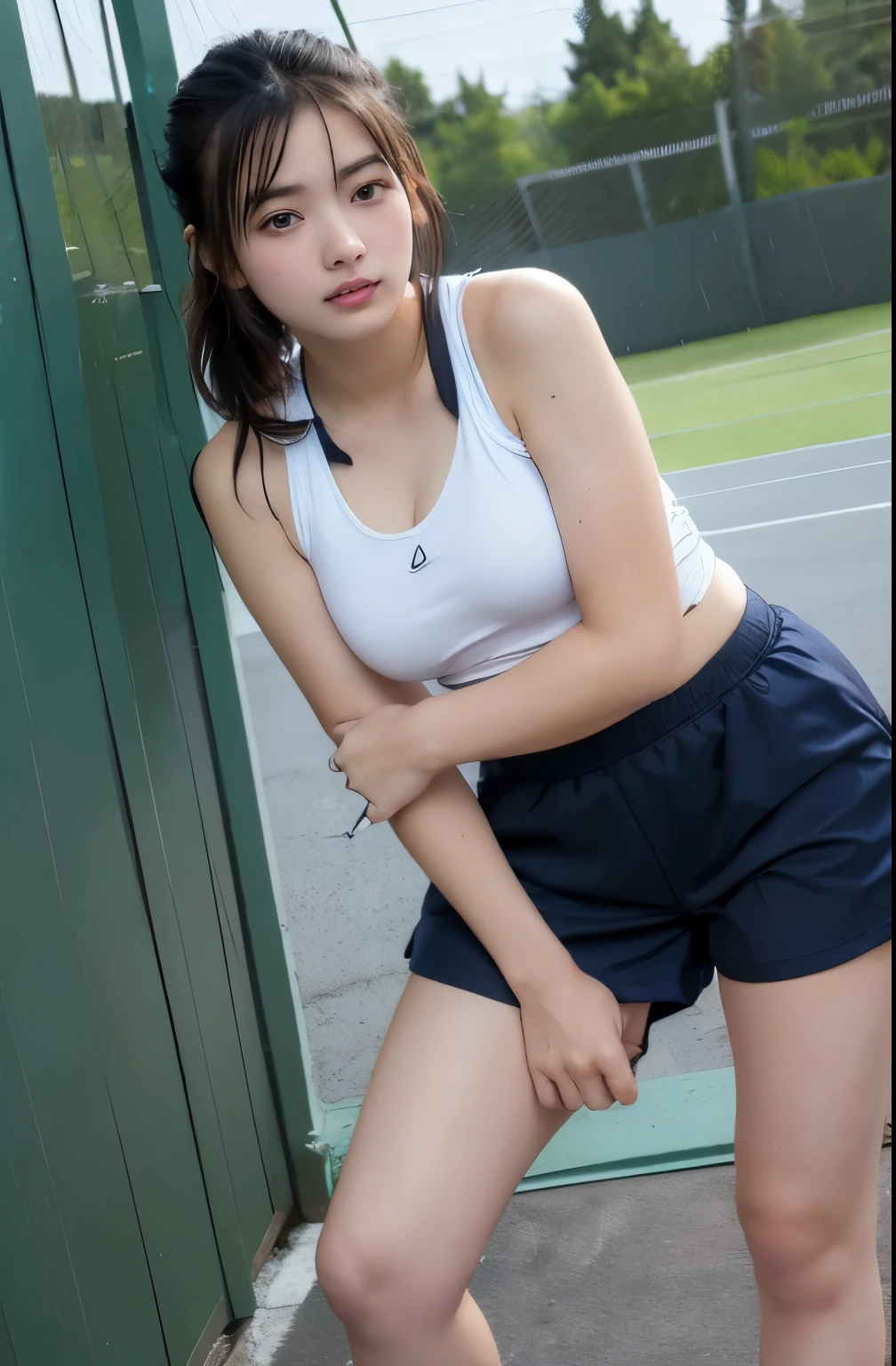(realistic, photo-realistic:1.37), (masterpiece), (best quality:1.4), (ultra high res:1.2),(RAW photo:1.2), (sharp focus:1.3), (face focus:1.2), vibrant details, hyperrealistic, elegant, professionattire, BREAK, beautiful detailed eyes, looking at viewer, from below, photon mapping, (professional lighting), finely detail, BREAK girl, Photo Idol Girl, Short hair, (happy smile), (large breasts:1.2), ((full body shot)), sitting chair, spread legs, (up legs), BREAK volleyball uniform, dynamic pose, dynamic angle