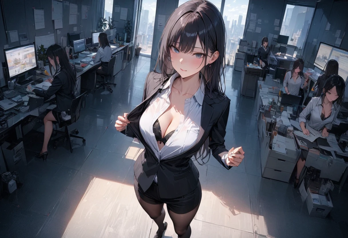 (masterpiece,Best Quality, High Resolution , Detailed Descriptions ,Precise depiction,Accurate depiction),(Multiple women:1.5),Black Hair,( my business suit :1.3,Unbutton your shirt:1.2, bra under the shirt:1.3,Black tights),Officeチェアーに腰掛ける,(Looking at the camera),( from above:1.3),(Office:1.2)