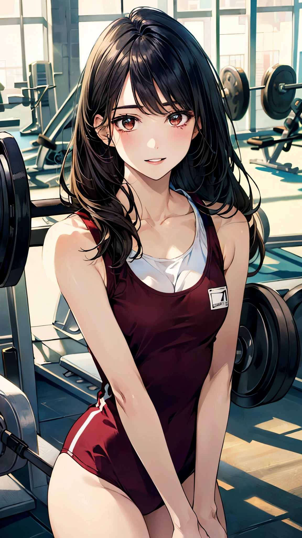 A digital illustration of a (sultry:1.3) and (seductive:1.4) woman with (messy:1.1) short brown hair, posing in a (provocative:1.4) manner in a (modern:1.2) gym setting. She is wearing a (tight:1.2) and (undersized:1.3) (crop top:1.2) that shows off her (full:1.1) and (perky:1.2) breasts, as well as (tiny:1.3) (boyshorts:1.2) that highlight her (thick:1.2) thighs and (cameltoe:0.85). Her skin is (glistening:1.2) with sweat, and her (puffy:1.2) nipples are visible through the fabric of her shirt. She has a (sultry:1.3) gaze and a (mischievous:1.2) smile, as if she knows just how (sexy:1.4) she looks. She's (working out:1.2) in a modern (gym:1.2) that's filled with exercise equipment. The image is rendered with a (smooth:1.1) and (sharp:1.1) focus, capturing every (provocative:1.4) detail of the woman's body. This image would be suitable for use on platforms such as (Pixiv:1.1) and (Tumblr:1.1), and could be created by artists such as (Benita Winckler:1.1) and (Hentai Foundry:1.2). It would be suitable for use in (erotic art:1.1) and (pin-up art:1.2) projects, and could be presented in a variety of styles, including (digital painting:1.1) and (ink splashing:1.2). The overall effect is one of a (sensual:1.3) and (tempting:1.4) image, a true (masterpiece:1.2) of sensual art. (The background should be extremely detailed with great depth.:1.1)