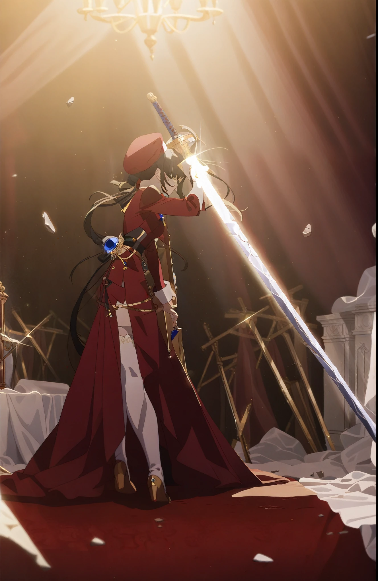 1 Girl， black double ponytail ，Close your eyes，Profile， dark red dress coat ，Boots，Plain white stockings， Gilt jewelry ，Sapphire Brooch，Crimson beret， gold frame in the background ，Broken curtain ， hand placed on the horizontal sword on the altar，Light Particles，Holy Light，Movie Lighting， highest quality，Masterpiece