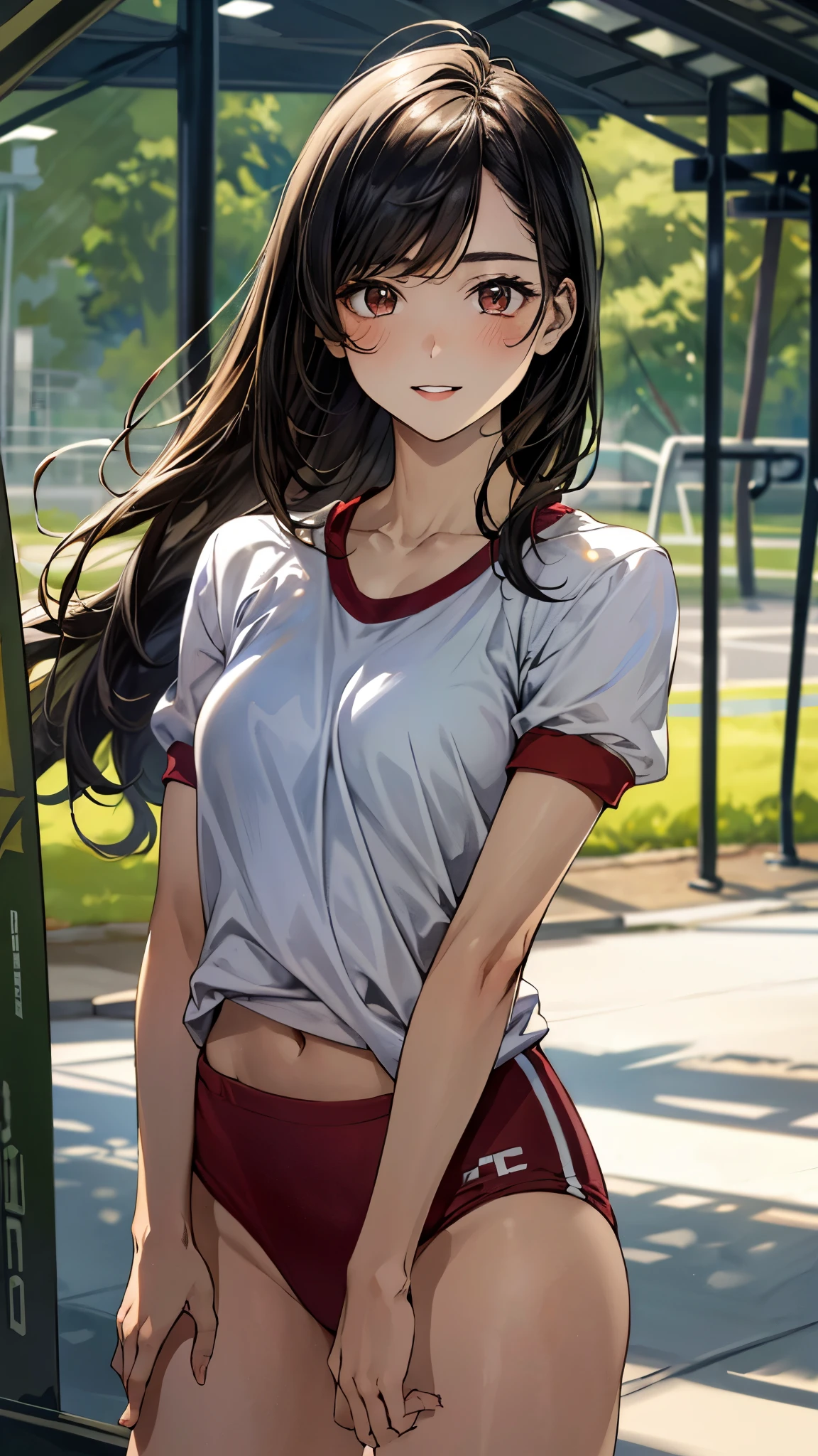 score_9, score_8_up, score_7_up, BREAK source_anime, 1girl, solo, outdoors, park, cowboy shot, standing, looking at viewer, rin, blue eyes, brown hair, long hair, two side up, parted bangs, black ribbon, hair ribbon, white shirt, short sleeves, gym uniform, red buruma, sweat, shiny skin
