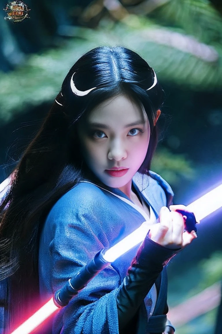  Star Wars , Jedi Master, woman, Beauty, Cute face, ,  wear a Jedi robe, A lightsaber in your hand ,  the blade burns blue , Jedi Temple、 long hair、Black Hair、 straight hair、