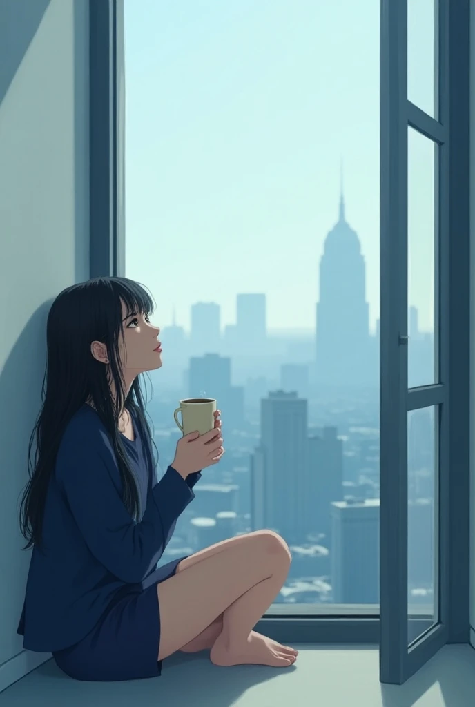 girl, Alone, sit near a window on the floor , Unfurnished, on city, start by looking up at the sky , Drink coffee, Cool palette , Black Hair , small dark blue shorts, normal dark blue blouse , Anime, (close:1.1), (Bauhaus, shape, OK, Abstract:1.1)