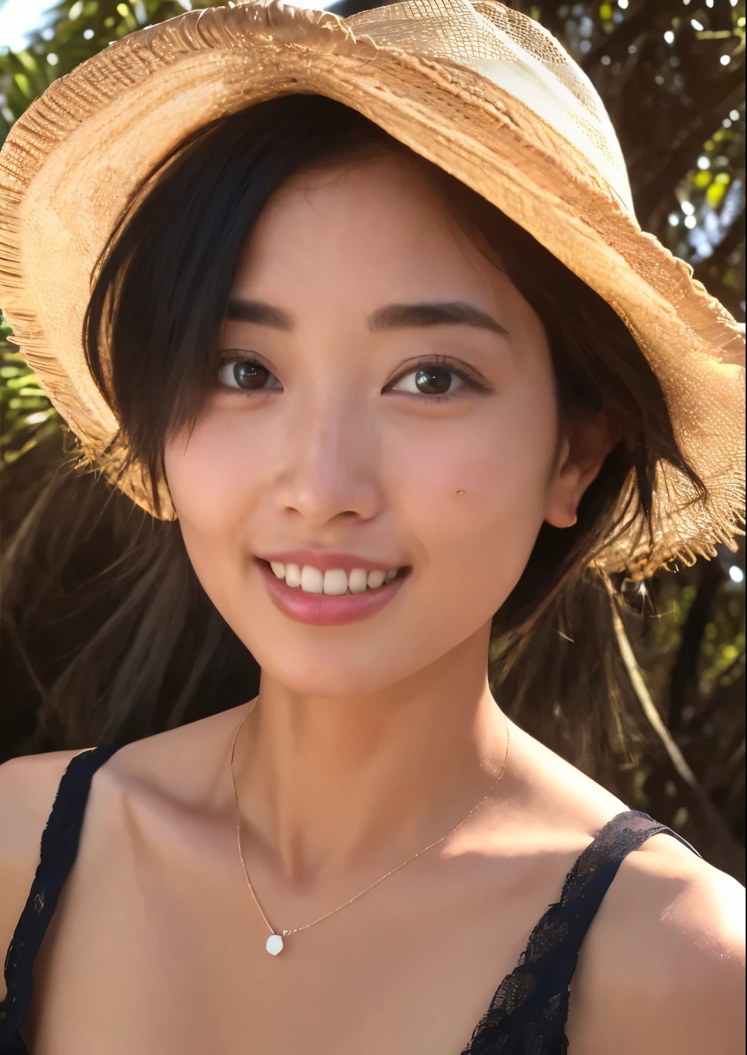 Masterpiece、4K、Highest quality、beautiful korean woman、Showing details、1 girl in、23 years old、(tank top:1.1)、bob cut、natural、depth of field、cowboy shoot、(angle from below:1.2)、smile , Seeing big breasts