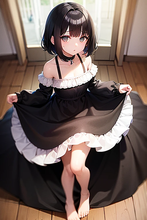 Highest quality、Very delicate and beautiful、8-year-old 、Flat Chest,Primary school students、Black-haired、光沢のあるブラックFrillsロングドレス,Gothic Lolita,(Large lace trimmed panties),Frills,Gothic style,garter belt,Lace Stockings,Royal Family、Twin tails、Laughter、Happy,(((Panties looking up from directly below))),