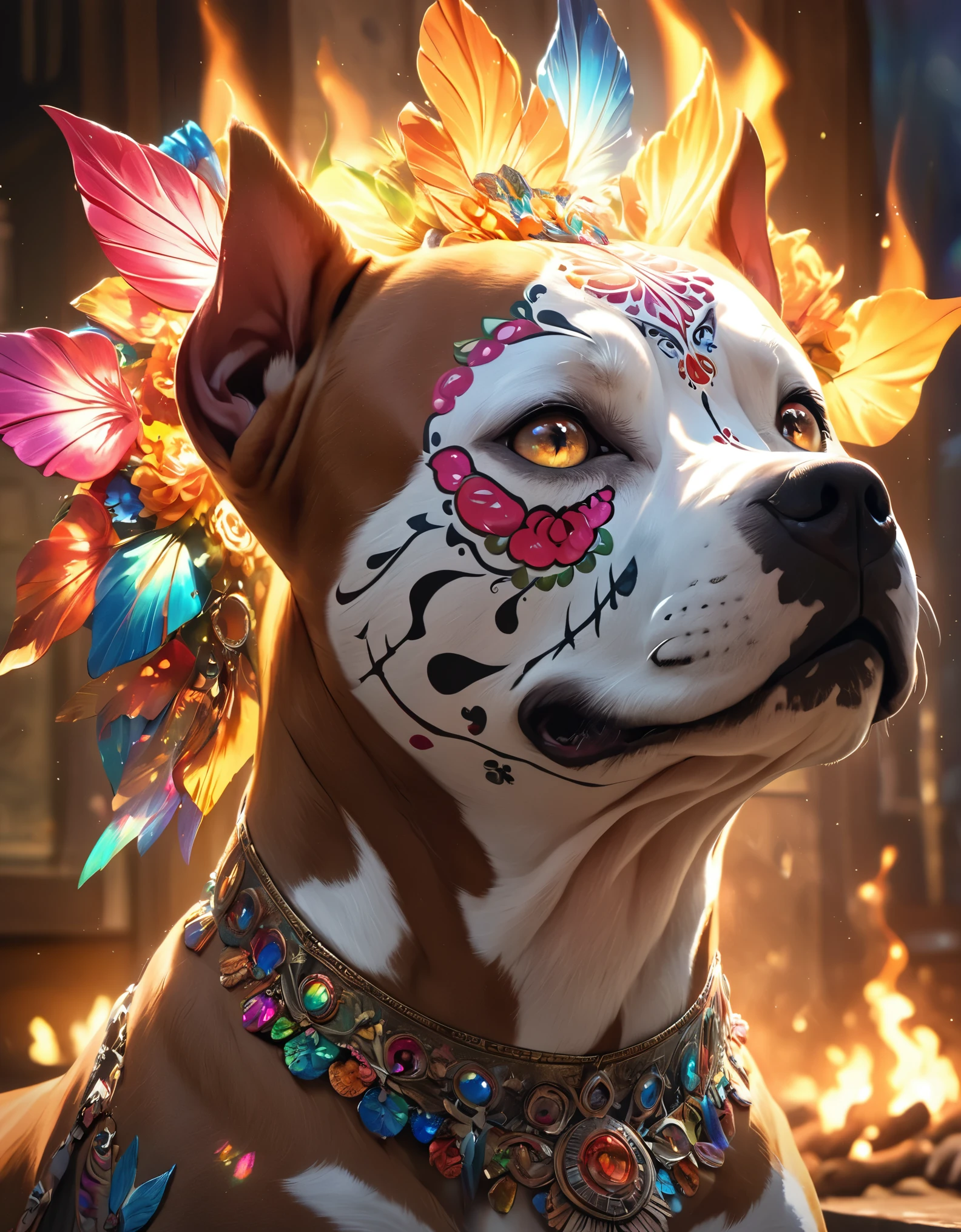 One Majestic red brown pitbull dog in full vibrant Calavera facepaint, (calvera facepaint), day of the dead, sugar skull, perfect eyes, gold eyes, epic, legendary, happy look, warm open fire in the background, intricate, detailed, classical fantasy, ethereal, magical, dreamlike, surreal, visionary, mythical, mystical, otherworldly, iridescent, luminous, glowing, shimmering, radiant, prismatic, kaleidoscopic, (best quality,4k,8k,highres,masterpiece:1.2),ultra-detailed,(realistic,photorealistic,photo-realistic:1.37),dramatic lighting, chiaroscuro, cinematic, moody, atmospheric, painterly, rich colors, vibrant palette, lush, sumptuous