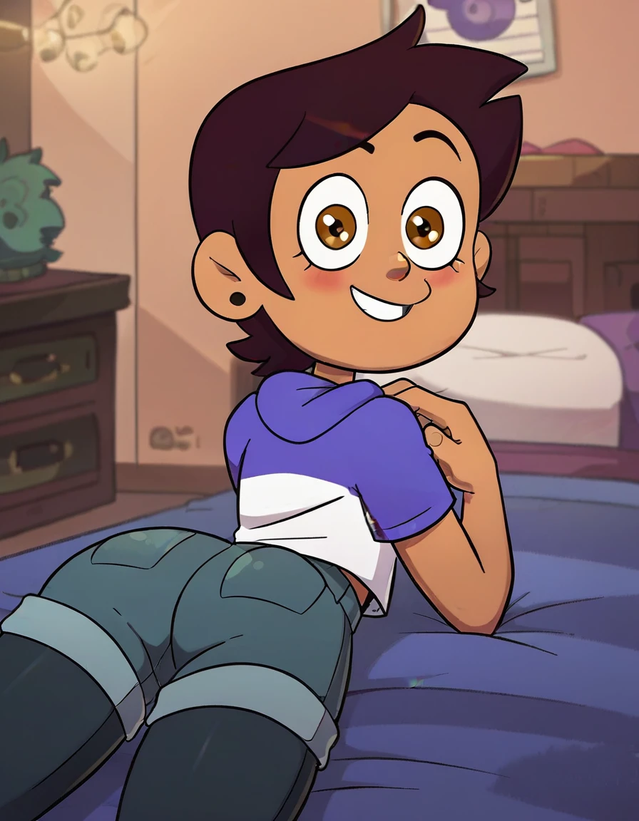 1 Girl,Luz Noceda, brown hair, short hair, brown eyes, dark skin, hoodie, hood down, short sleeves, white shirt, denim shorts, black leggings, leggings under shorts, looking at viewer, light blush, smile, perky, cute smile, indoors, bed, bedroom, straight-on, lying, on stomach, showing her butt