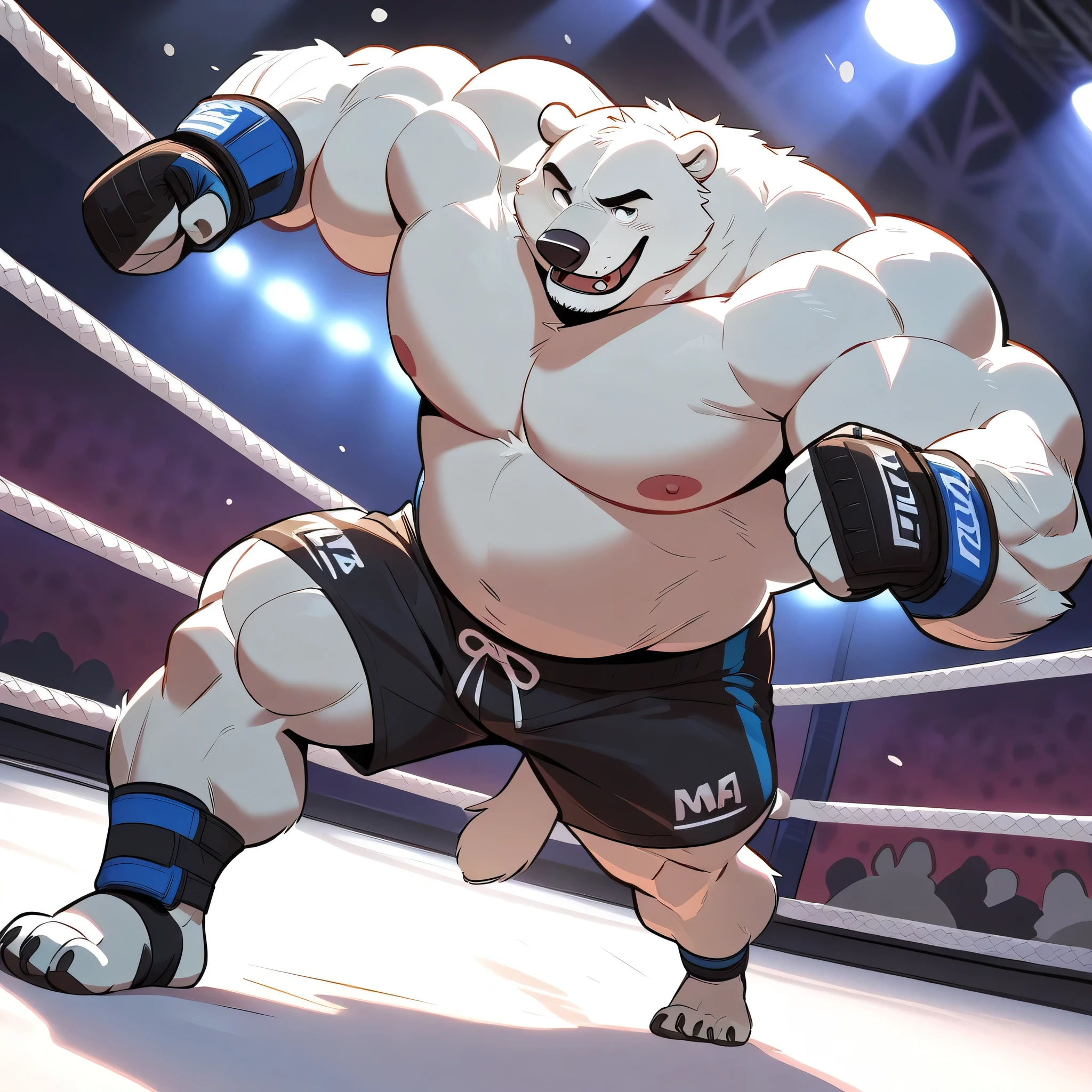 bara polar bear, strong physique, perfect anatomy, masterpiece, gray moustache and beard, wrinkles huge white fur, solo, great lighting, black MMA shorts with blue slits, MMA fingerless gloves with blue kuckle pads, ankle support foot brace wraps, MMA fighting tournament, punching, kicking, topless, hyper muscular, height: 220cm, weight: 440lbs, thick arms, huge pectoral, Walt Disney 2D Zootopia Animation Art Style