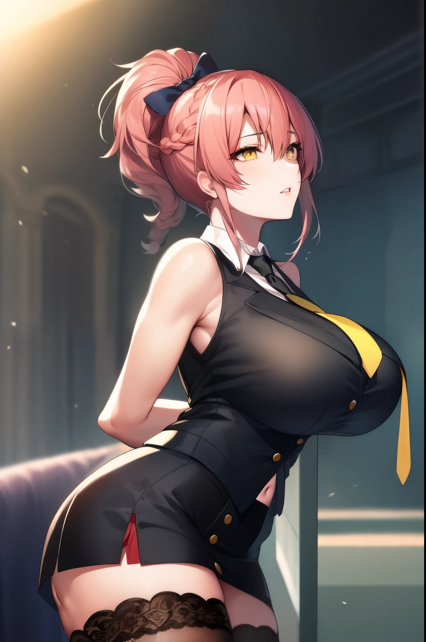 1girl,mature female,pale skin,huge breasts,mikajougasaki, mika jougasaki, hair bow, pink hair, (yellow eyes:1.5), ponytail. 
BREAK (bare shoulders, black necktie, black thighhighs, braid, long braid, miniskirt, navel, necktie, shirt, single braid, sleeveless:1.2), ((ARMS BEHIND BACK:1.5)),
BREAK (masterpiece:1.2), best quality, high resolution, unity 8k wallpaper, (illustration:0.8), (beautiful detailed eyes:1.6), extremely detailed face, perfect lighting, extremely detailed CG, (perfect hands, perfect anatomy),