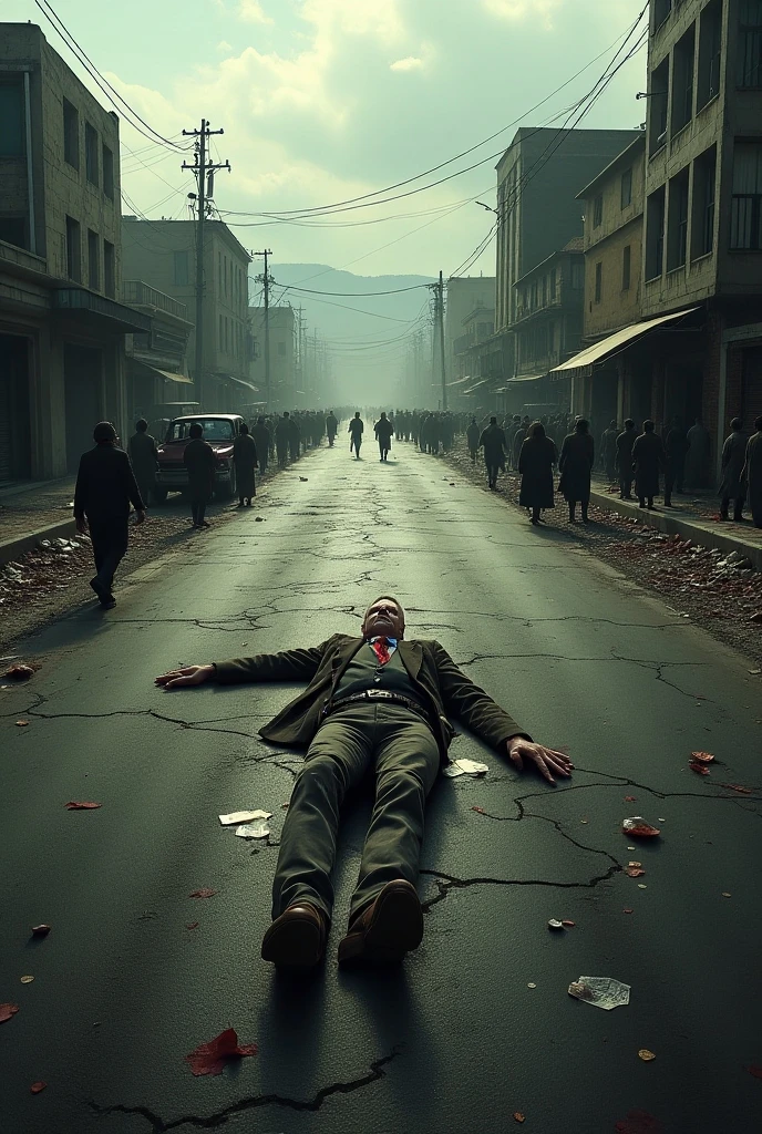 A  man murder in city  on road crowd by people 