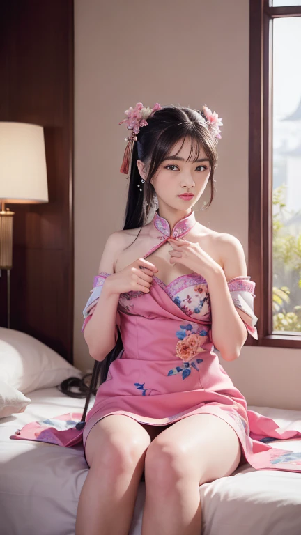 (knee shot),Pretty girl, young female model, Sweet maiden, Special clothes43,hair bun,china dress,hair ornament, inside in room, Antique ornaments, Lying in bed, Cross ed leg, tmasterpiece, best qualtiy, Extremely detailed description, Ultra-fine painting, delicated face, slim toned body,grin, Hefty Smile