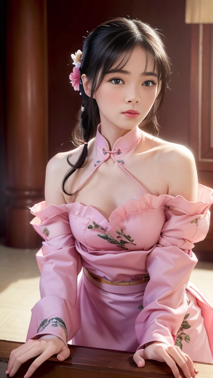 8k, RAW Photo, Best Quality, Masterpiece: 1.2), (Realistic, Photo Realistic: 1.4), {{{1girl}}},, Depth of Field, Full Body, Cinematic Lighting, princess 18 years old cute, (small ,cleavage), Beautiful Facial Features, Beautiful Body, Sweating, , Depth of Field, Skin, Ears, Pale Skin, Best Quality, Masterpiece, Illustration, an extremely deciple and beautiful, extremely detailed,CG,unity,8k wallpaper,amazing,finely detail,master,best quality,official art,extremely detailed CG unity 8k wallpaper,ridiculous,incredibly ridiculous,huge file size, super verbose, high resolution, very verbose, Beautiful detailed girl, very detailed eyes and face, beautiful detailed eyes, light on face, (Hanfu: 1.1), lace silk thin, petticoat, white pink, blue