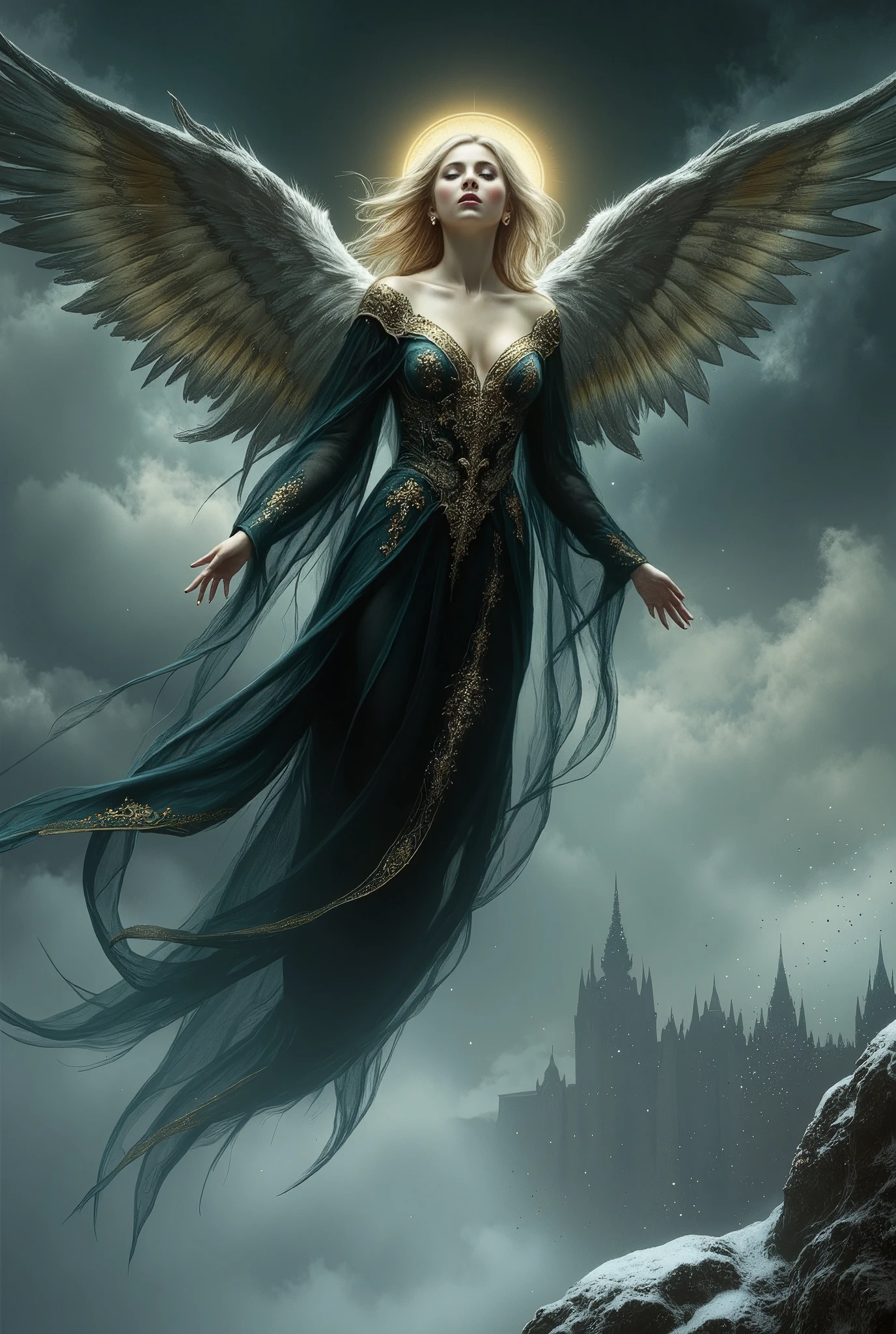 "An ultra-realistic angelic figure soars gracefully through a dramatic winter sky, her ethereal presence imbued with divine grace. Her radiant face, framed by soft golden hair, reflects both power and serenity. A flowing black Gothic dress adorned with delicate golden floral embroidery billows around her, shimmering in the cold light. A glowing holy halo hovers above her head, casting a warm, celestial glow that contrasts the dark clouds swirling in the background.
Her wings, vast and feathered, move effortlessly as she glides through the stormy skies, her gaze turned downward toward the snow-covered world below. The frozen landscape stretches out beneath her, a peaceful winter scene amid the turbulent sky. The wind brushes gently against her face, accentuating the finely sculpted contours of her cheeks and the delicate beauty of her form.
Captured in full body shot, straight on angle, ultra-realistic lighting, the interplay of shadows and light emphasizes her luminous figure, creating a striking contrast with the wintry background. Her dress, wings, and the gentle snowfall around her weave together a masterpiece of fantasy, embodying the divine power and serene beauty of a mythical angel."