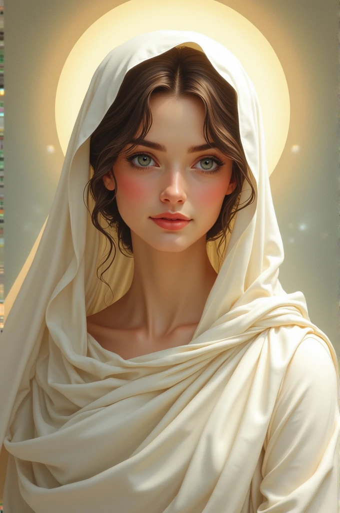 Staring at the camera with moist eyes、A beautiful Virgin Mary with a loving expression, , Halo, Reddish beige tunic, Blue cloak and veil
