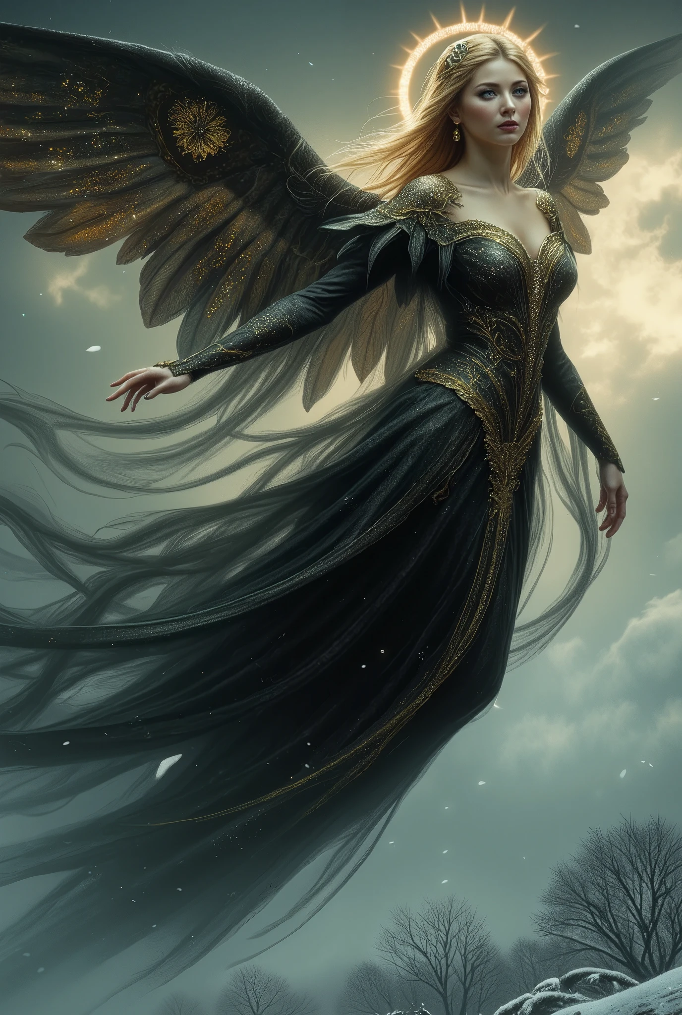 "An ultra-realistic angelic figure soars gracefully through a dramatic winter sky, her ethereal presence imbued with divine grace. Her radiant face, framed by soft golden hair, reflects both power and serenity. A flowing black Gothic dress adorned with delicate golden floral embroidery billows around her, shimmering in the cold light. A glowing holy halo hovers above her head, casting a warm, celestial glow that contrasts the dark clouds swirling in the background.
Her wings, vast and feathered, move effortlessly as she glides through the stormy skies, her gaze turned downward toward the snow-covered world below. The frozen landscape stretches out beneath her, a peaceful winter scene amid the turbulent sky. The wind brushes gently against her face, accentuating the finely sculpted contours of her cheeks and the delicate beauty of her form.
Captured in full body shot, straight on angle, ultra-realistic lighting, the interplay of shadows and light emphasizes her luminous figure, creating a striking contrast with the wintry background. Her dress, wings, and the gentle snowfall around her weave together a masterpiece of fantasy, embodying the divine power and serene beauty of a mythical angel."