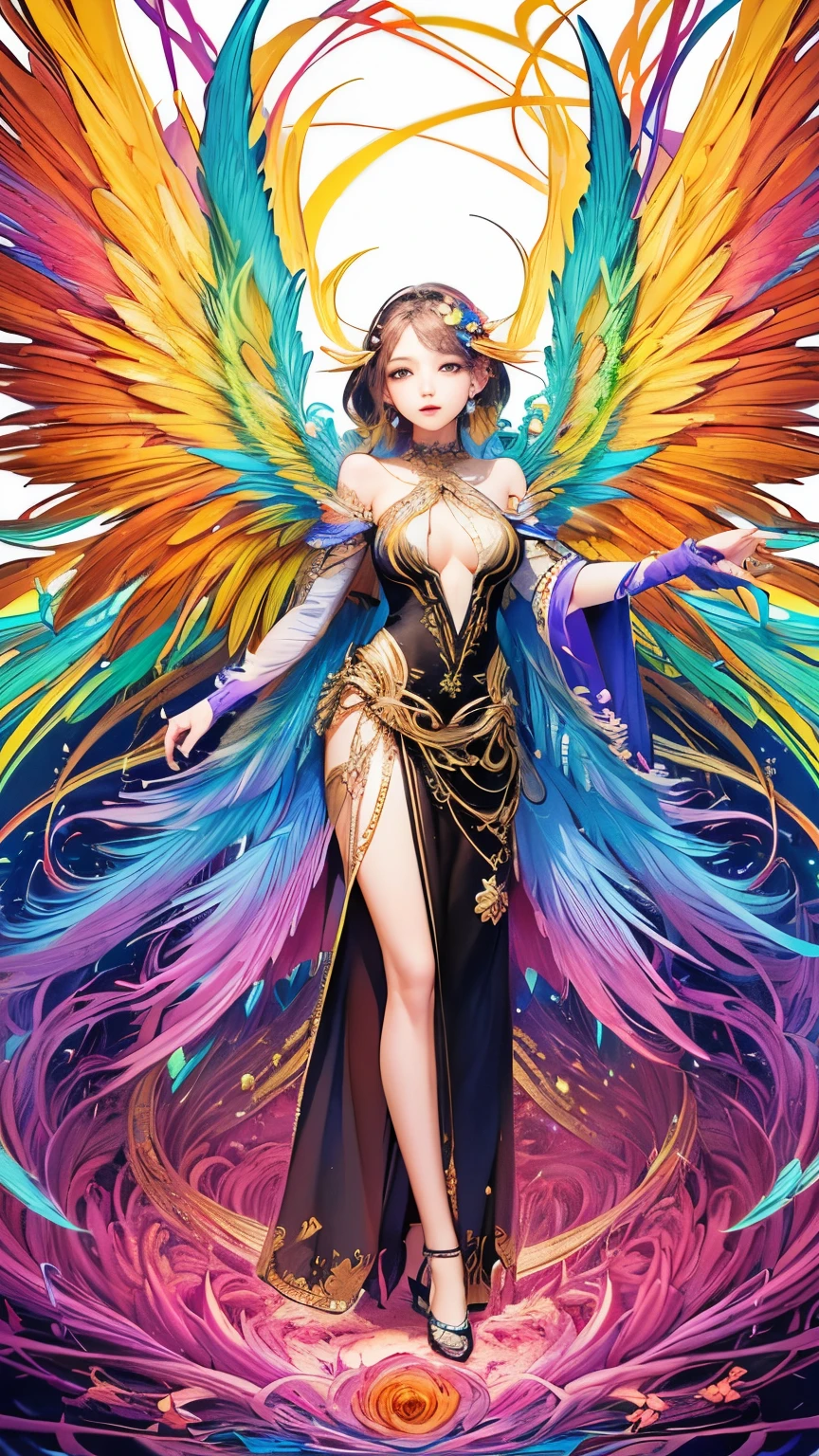 (masterpiece, top quality, best quality, official art, beautiful and aesthetic:1.2), (1girl:1.3), extremely detailed,(fractal art:1.1),(colorful:1.1)(flowers:1.3),highest detailed,(zentangle:1.2), (dynamic pose), (abstract background:1.3), (shiny skin), (many colors:1.4), ,(earrings), (feathers:1.5) , (Flamethrower:1.3),red background,Phoenix dress,