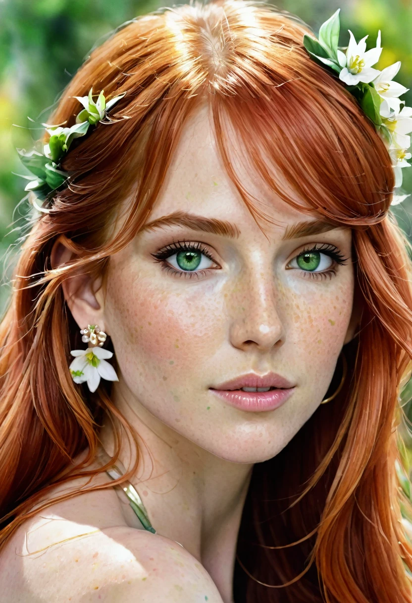 (watercolor: 1.2), elf princess, flower, freckles, bangs, redhead, long hair, green eyes, hair between eyes, flower earrings, blurred background, high resolution  