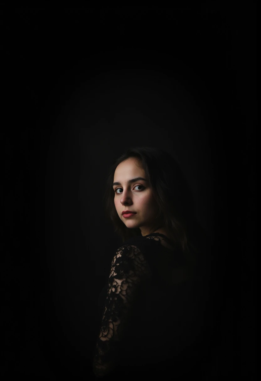 Portrait of a gothic girl with long black hair, pale skin, and striking features. She wears dark, dramatic makeup, including smoky eyes and bold black lipstick. Her outfit is a mix of lace and velvet, with intricate details. The background is a moody, dark setting, enhancing her mysterious and ethereal aura, reminiscent of Wednesday Addams.