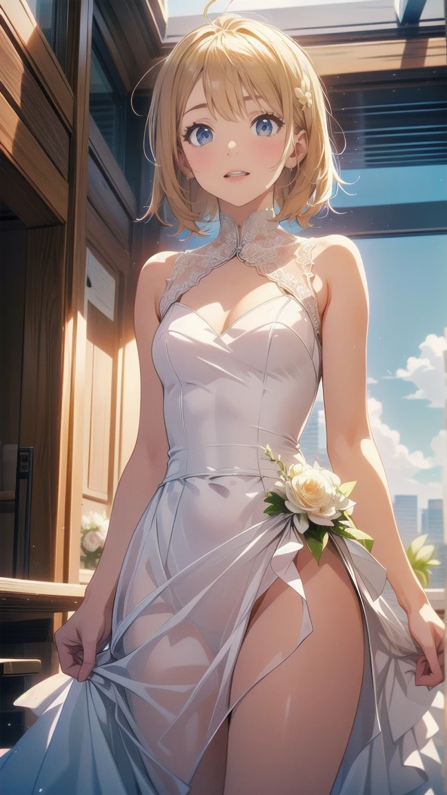 masterpiece、Highest quality、blonde、(((Short Hair)))、White flower corsage、blush、woman、Big Breasts、(((turn around)))、sword、（white short wedding dress）、Frilled Skirt、White flower scenery inside the castle、Like a bride、Very detailed、One person、smile、The face is Djeeta、Off the shoulder、Natural Hands、White skin、Accentuate your butt、8K、Two arms、I can&#39;t see your pants、I can see your thighs