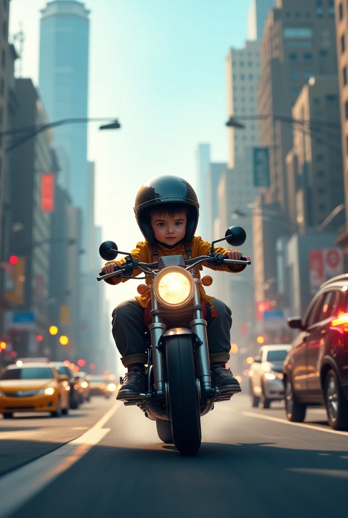 Boy on a motorcycle running an errand with a black closed helmet fast