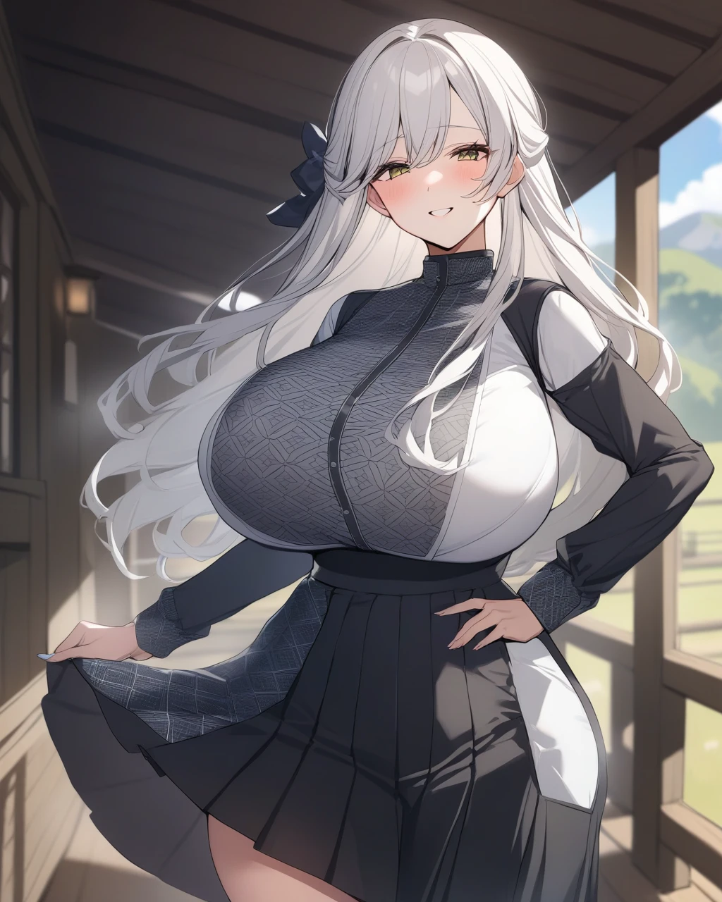 Holstein pattern clothes, beautiful older sister, huge breasts, ranch,