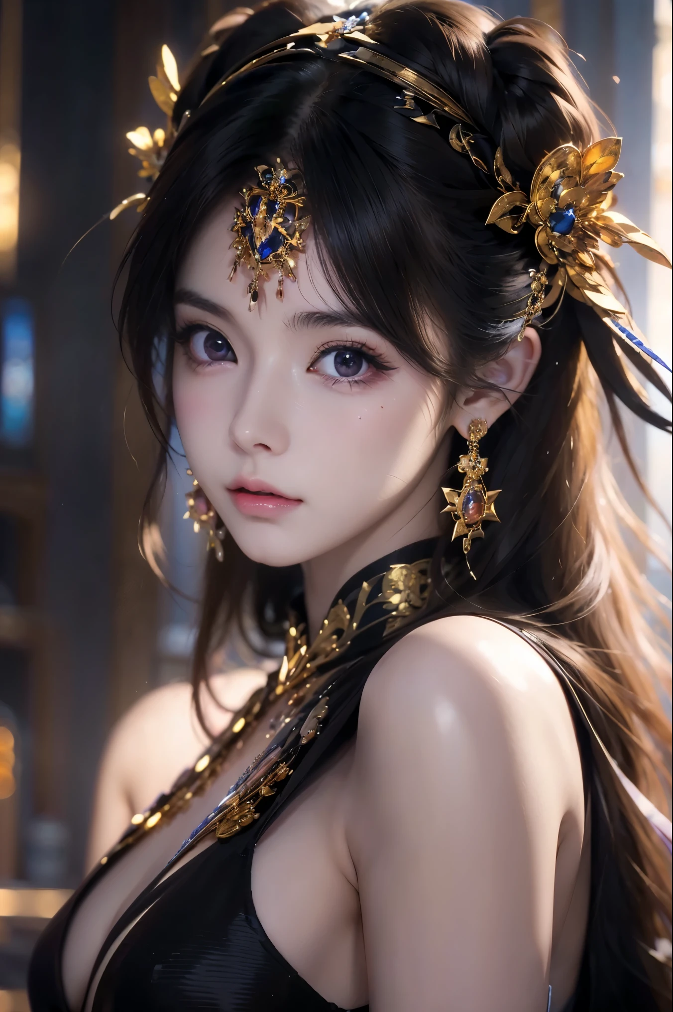 Verism, surrealism, nffsw, Anatomically correct, Textured skin, high details, awardwinning, 8K,(NSFW),1girl in、,FULL BODYSHOT、cosplayer、beautiful countenance、A detailed face、perfectly proportions、(Yang Guifei Cosplay:1.5)、Glittering costumes、number々Gemstones of、Fancy earrings、Finely crafted meckless、Portrait Photography、profetional lighting、 (Depth Fields:1.3)