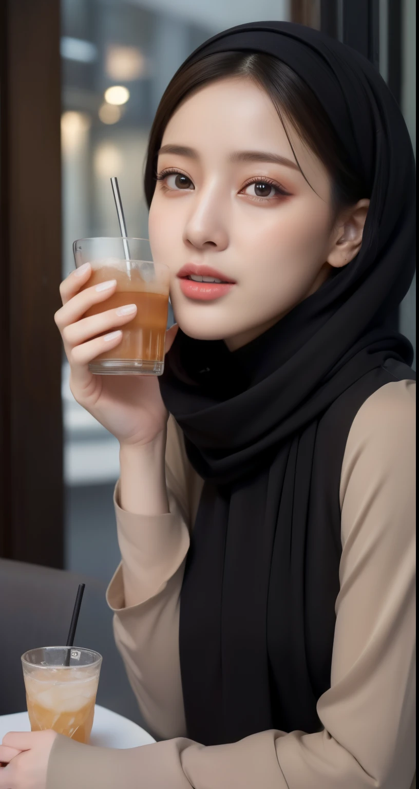 Mira filzah holding glass of milk while watching scary movie, she was scare, she only wear cotton underwear seating on the couch at living room, she watch movie in living room at night, dark ambient, television lighting, dramatic lighting,