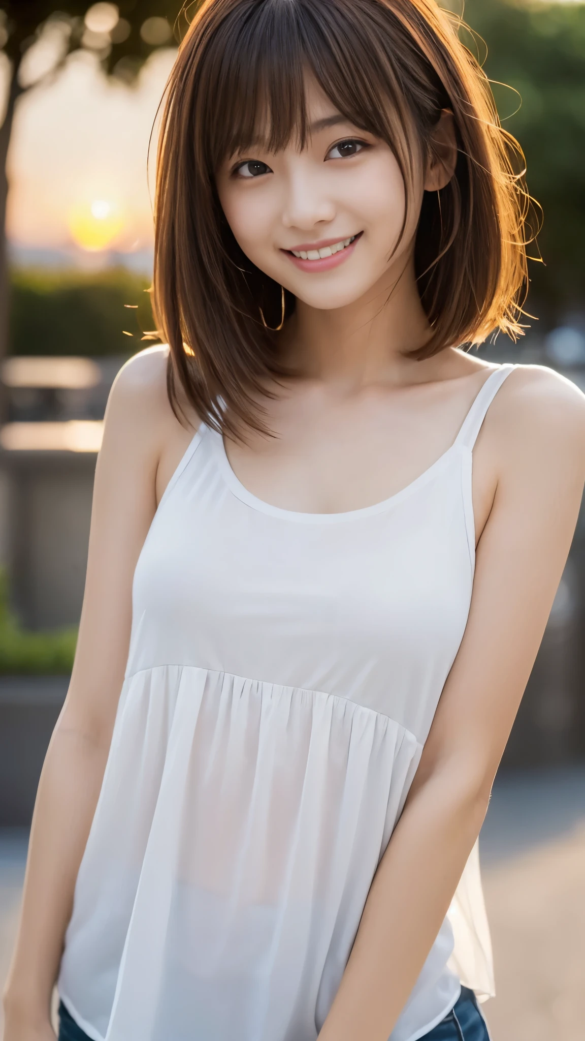 masterpiece, best quality , super high definition, Super detailed, Sharp focus, 1 girl, Alone, amazingly beautiful and sexy Japanese model in check shirt, Age 19, viewers almost at night:1.3, (bright smile:0.6), Of the check shirt (blouse), dusk, sunset, Knight , Realistic, slender, ( standing:1.1), ( viewers are smirking:1.3), Sexy Gaze, , ( Upper Body Shots :1.6), medium hair , Messy Hair, Asymmetrical bangs , Light brown hair, Messy Hair style, (( Pure White Tank Tops 、Tilt your head back、smile、Light clothing))