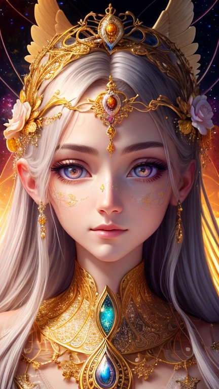 A female elf,(best qualtiy,8K,tmasterpiece:1.3),largeeyes,long eyelasher,brunette color hair,Exquisite(live-action realistic style),Ultimate face,Photorealistic light and shadow,Star-like eyes,Clear facial features,Milky white skin,Fair skin, highdetailskin, Realistic skin details, Visible Pore,(Super detail),Petite body,Carmelto, Majority,perfect figure beautiful woman:1.4,Golden wire,((dynamicposes)Crown on head),Two ice planet backgrounds,(Orbiting with double stars),space,salama,Dramatic scenes,Huge snowy mountains