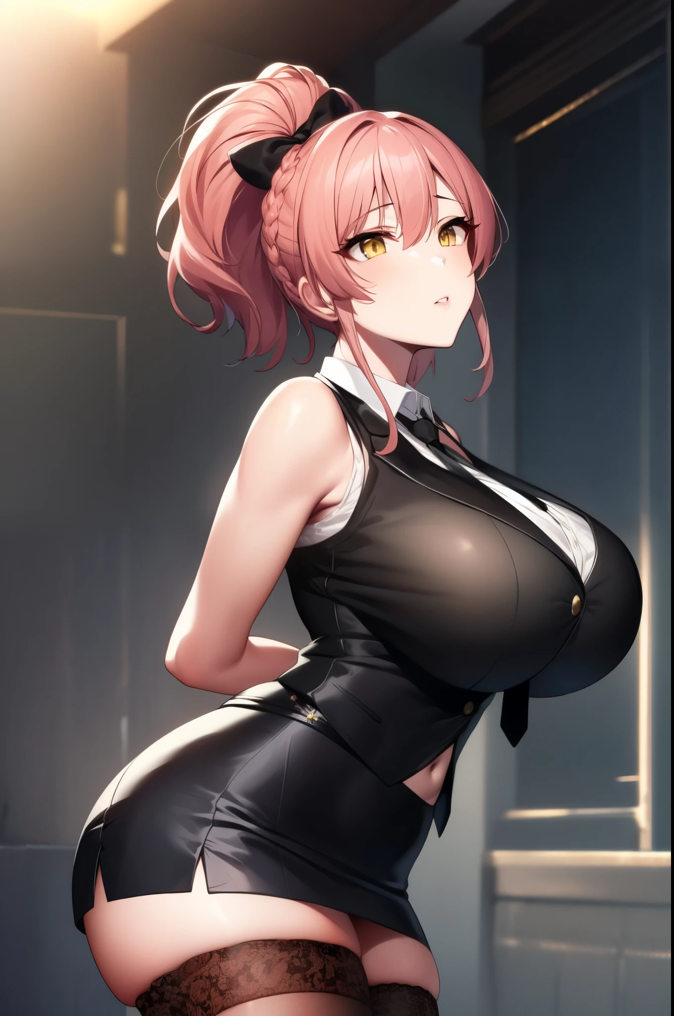 1girl,mature female,pale skin,huge breasts,mikajougasaki, mika jougasaki, hair bow, pink hair, (yellow eyes:1.5), ponytail. 
BREAK (bare shoulders, black necktie, black thighhighs, braid, long braid, miniskirt, navel, necktie, shirt, single braid, sleeveless:1.2), ((ARMS BEHIND BACK:1.5)),
BREAK (masterpiece:1.2), best quality, high resolution, unity 8k wallpaper, (illustration:0.8), (beautiful detailed eyes:1.6), extremely detailed face, perfect lighting, extremely detailed CG, (perfect hands, perfect anatomy),