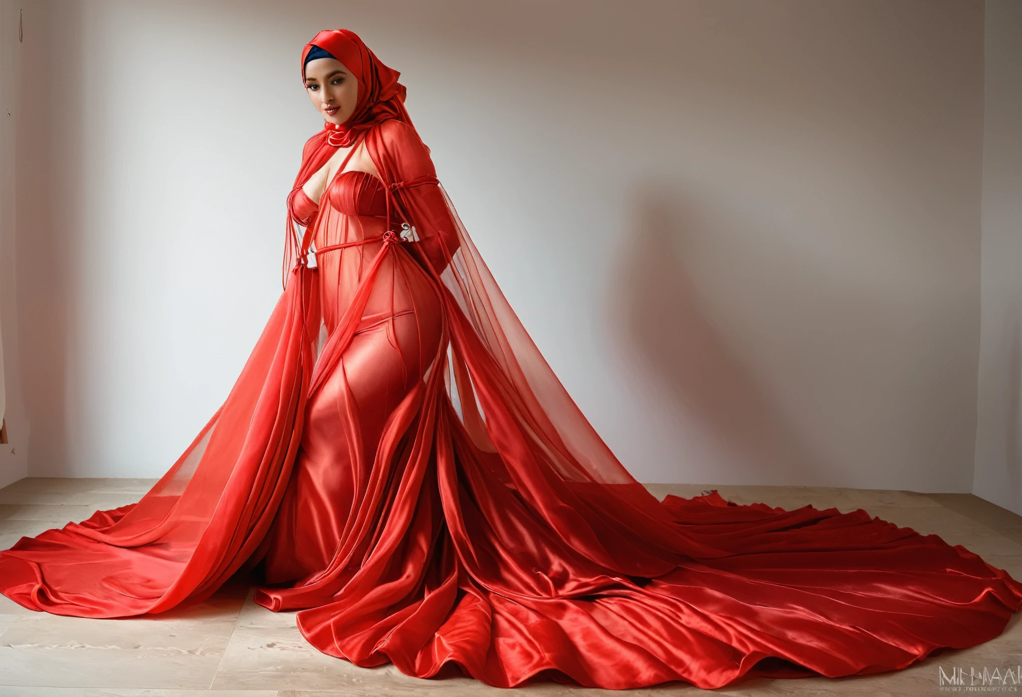 A woman shrouded in a 10-meter-long, plush red transparent silk cloth, slim body with big breast, tightly bound and grandly draping along the form of her body, flowing off into a pooled floor-length train, styled in a mermaid-inspired outfit, her head modestly veiled in a satin hijab, tall woman, strugle to move, pose in bed, a full-body pose conveying a sense of mysterious elegance, captured in a 4k resolution, ultra-realistic