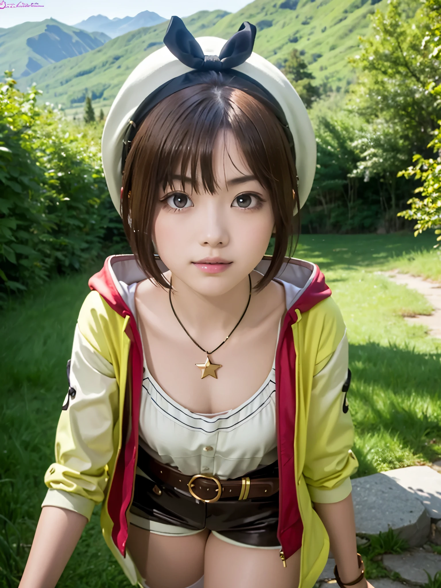 1girl, solo, 22yo, woman,
BREAK Reisalin_a, brown eyes, brown hair, short hair, large breasts, sagging breasts, hair ornament,
BREAK white headwear, black bow, leather belt, red shorts, sleeveless jacket, thick thighs, yellow jacket, medium breasts, star necklace, single glove,
BREAK upper body, cinematic angle, dynamic pose, ((looking at viewer)), Gentle-Smile,
BREAK at sunrise, summer mountains, mountain path, view from mountain top, nordic mountains,
BREAK beautiful and Beautiful Eyes, perfection, perfection, roll your eyes, Detailed face, Beautiful Eyes, Superior Quality, masterpieceHighly detailed, High level of detail, Many details, high quality, Cinematic Light, Real Hands, (Ultra-realistic:1.3), perfection eyes, beautiful eyes, Detailed skin, Skin wounds, Lip gloss, fntasy,