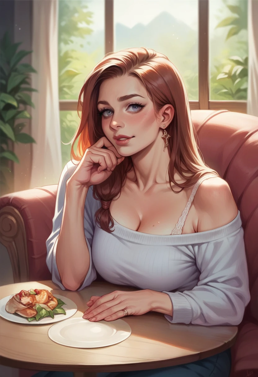 (melhor qualidade, realista, 1 garota), 40 anos, olhos detalhados, Detailed lips, cabelo ruivo, sofa, breakfast, atmosfera acolhedora, soft lighting, ambiente tranquilo, ...