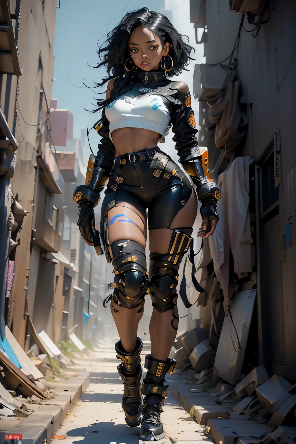 masterpiece, high quality, 8k, cyberpunk black girl, black skin, black priestess, sexy, multicolored hair, medium breasts, handjob gesture, agile, (beautiful and symmetrical face, well-drawn hands, pretty face, symmetrical eyes) full body , apocalyptic scene of a destroyed city