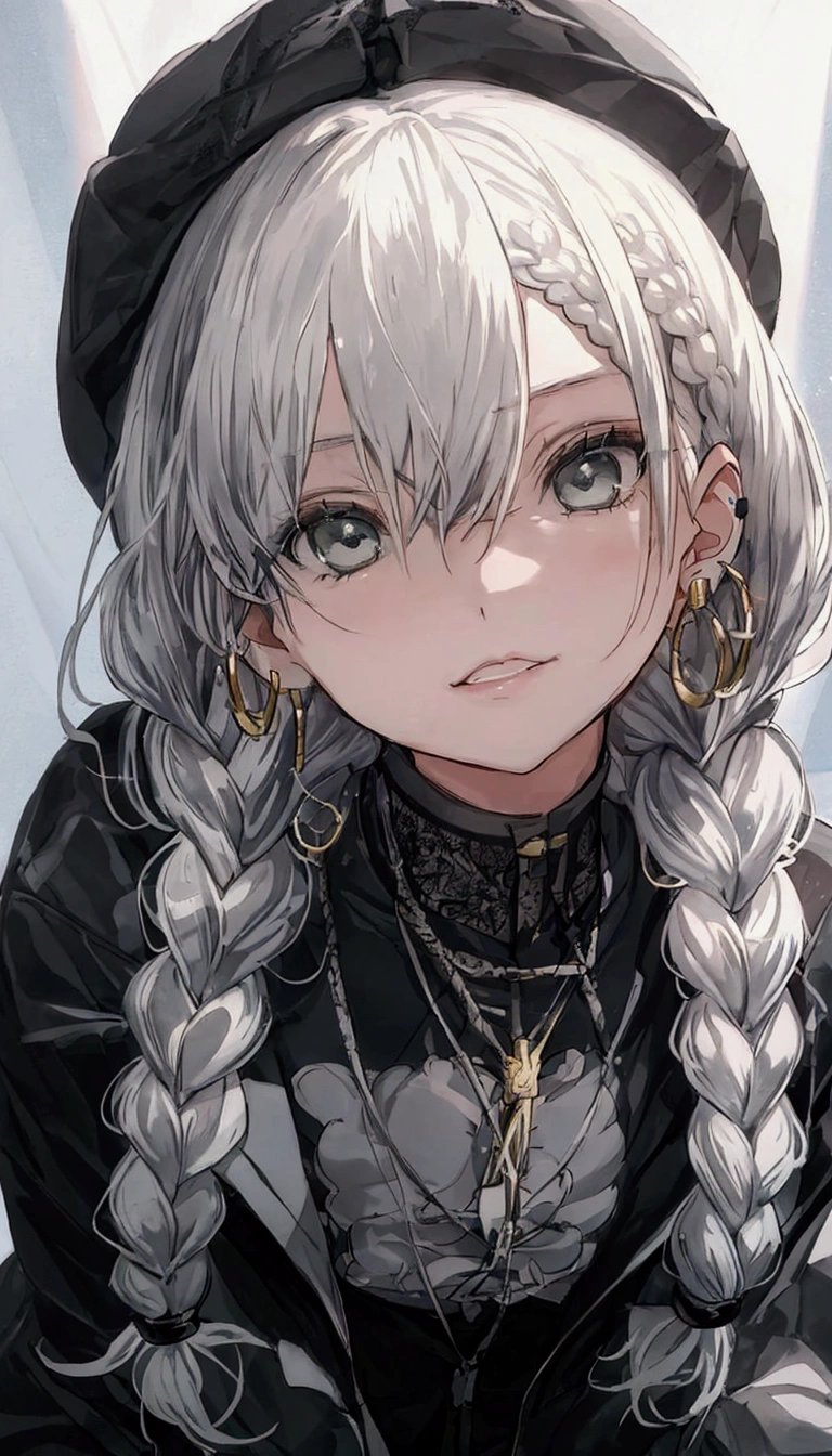 beautiful, masterpiece, Highest quality, anime, One girl, C Cup,Portrait Shot, View your viewers, Covered、Medium Hair、nearby、Blue Eyes、art、、White hair,Blue streaked hair, dead eyes、Dark atmosphere、Thighs、Braid、Casual Coordination