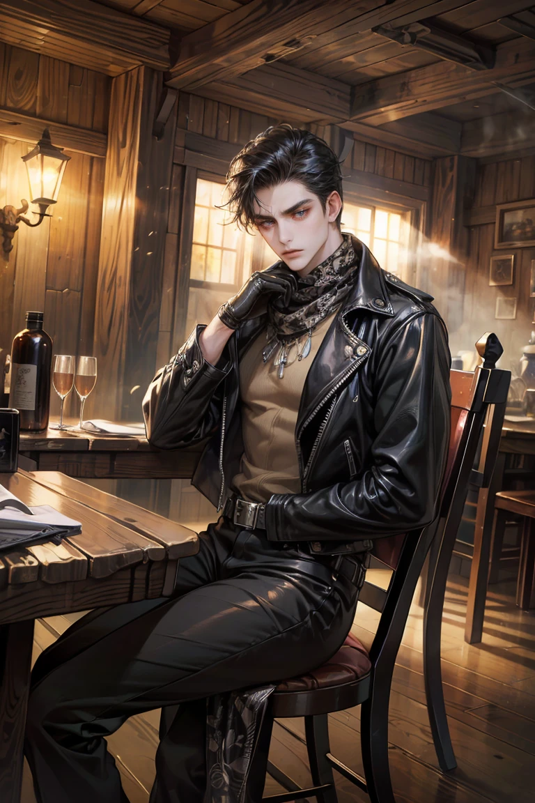 man, vampire, masculine, masculine face, attractive, muscular, ((1man)), masterpiece, absurdres, best quality ,intricate details , (shiny skin, shiny body, shiny oily luster skin, shiny hair, pale skintone), old castle, Sundown, attractive, ((muscular)), adult, one, tattoo in his chest ,black blouse, earrings, black pants, Don't look at the view , Not looking at the view, red short hair, perfect detailed face, perfect detailed hands, vampire fangs, blue eyes, ((MLS)), medium large shoot, perfect hands